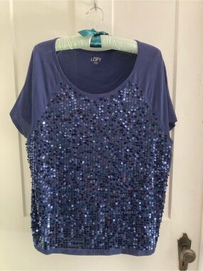 LOFT Navy Blue Short Sleeve Sequin Front Tee